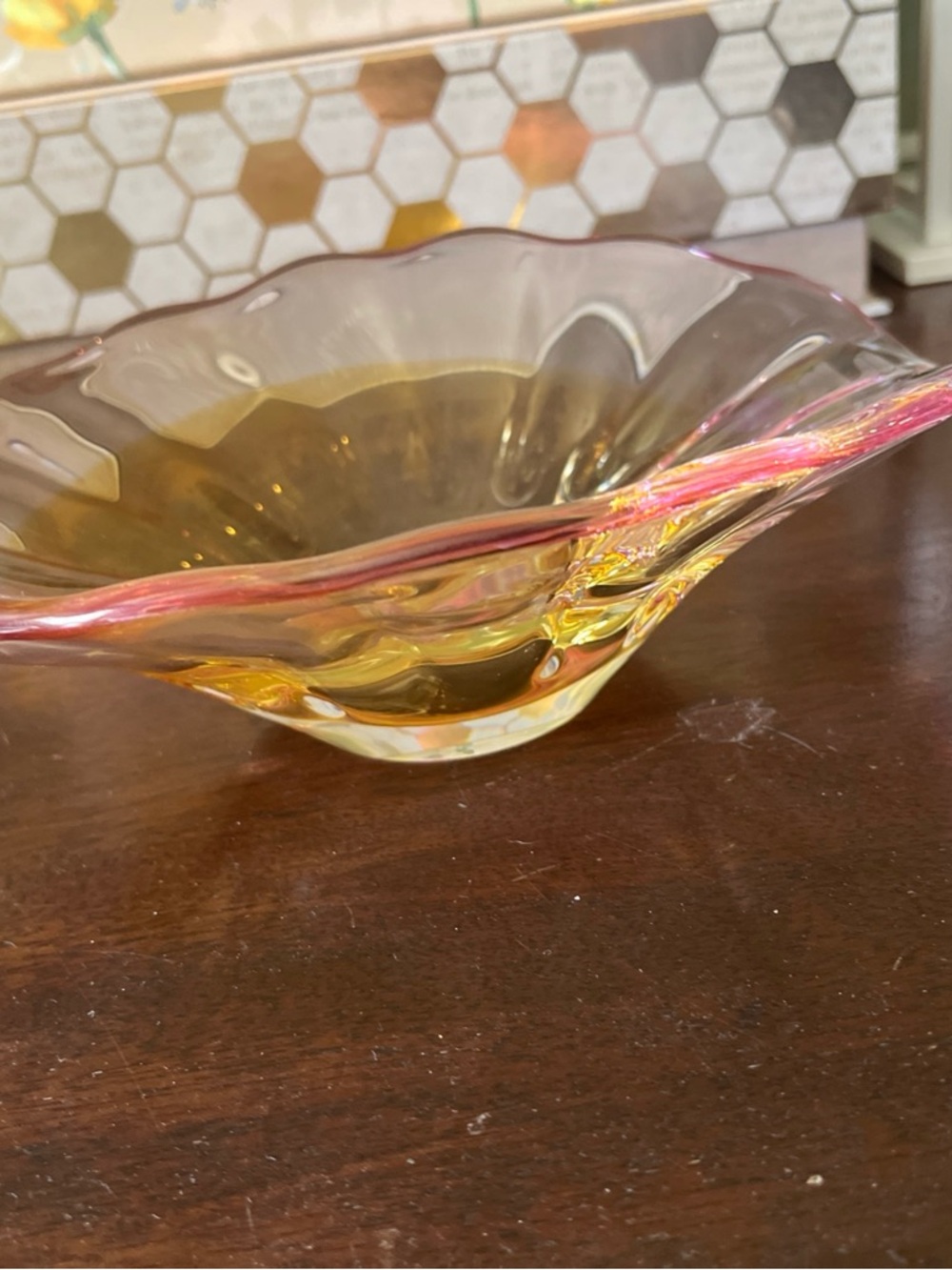 Art Glass Decorative Bowl in Amber and Pink -